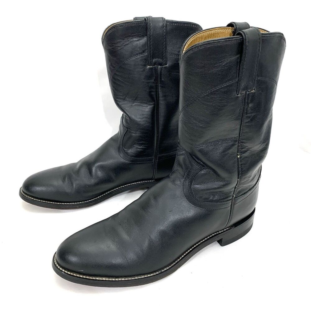 Justin Classic Black Leather Roper Style 3133 Pull On Cowboy Boots Mens 8.5 D